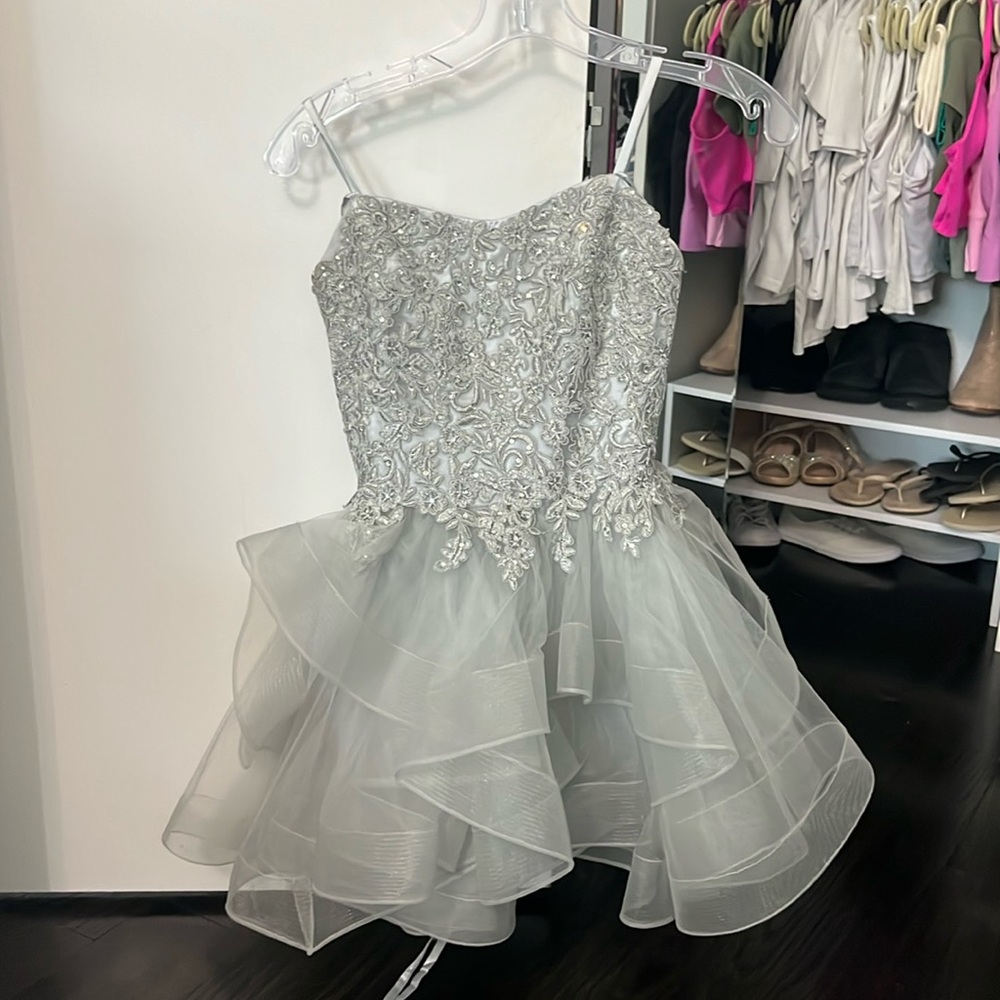 Silver puffy short mini dress from azaria bridal, xs but I also took it in